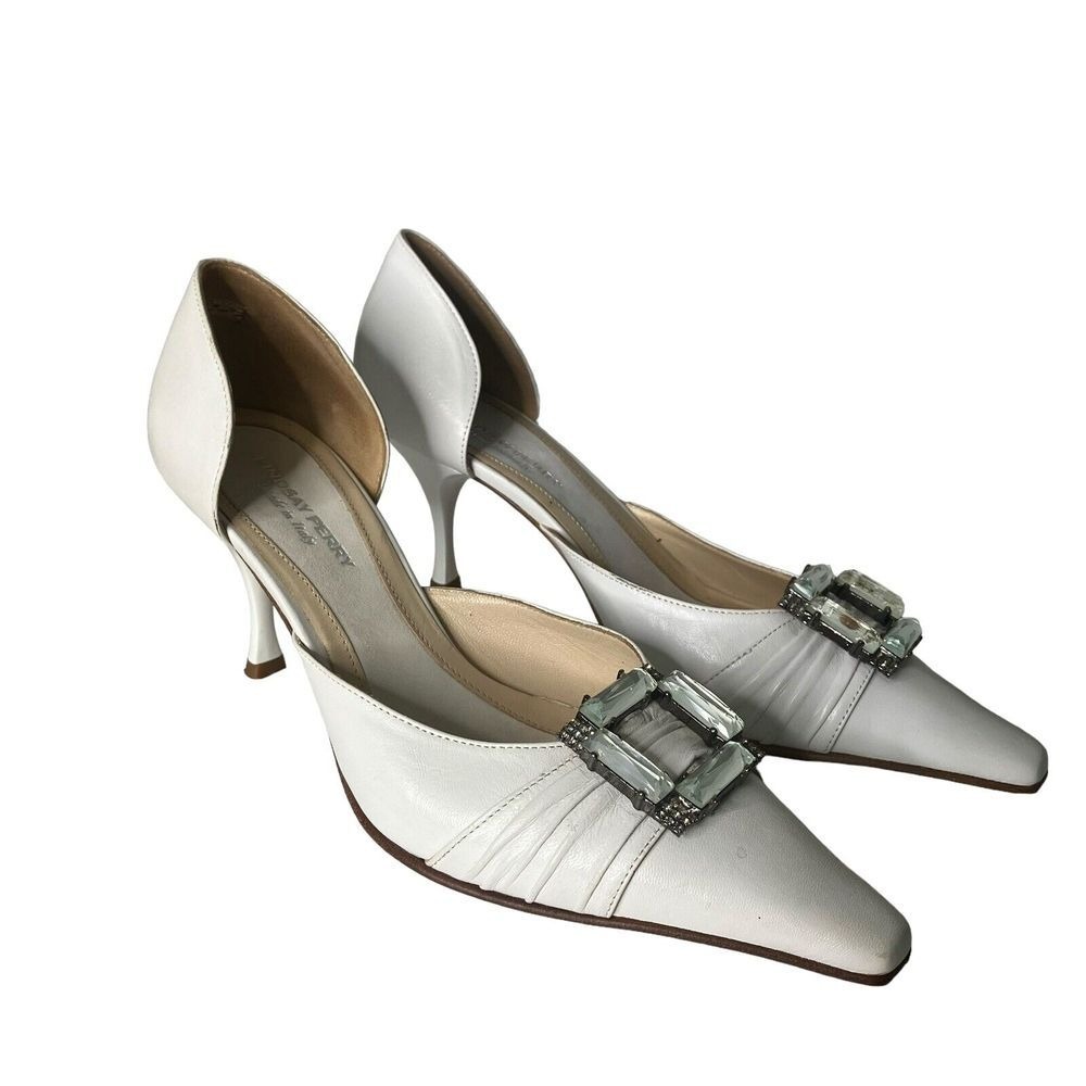 Lindsay‎ Perry Made in Italy White Leather Pointed Toe Heels Rhinestone  6 /36.5